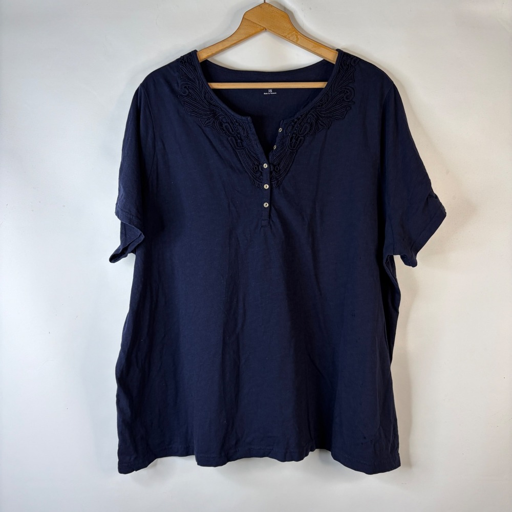 Croft & Barrow Top Womens 3X Navy Blue Crochet Trim Split Neck Cotton Slub Knit